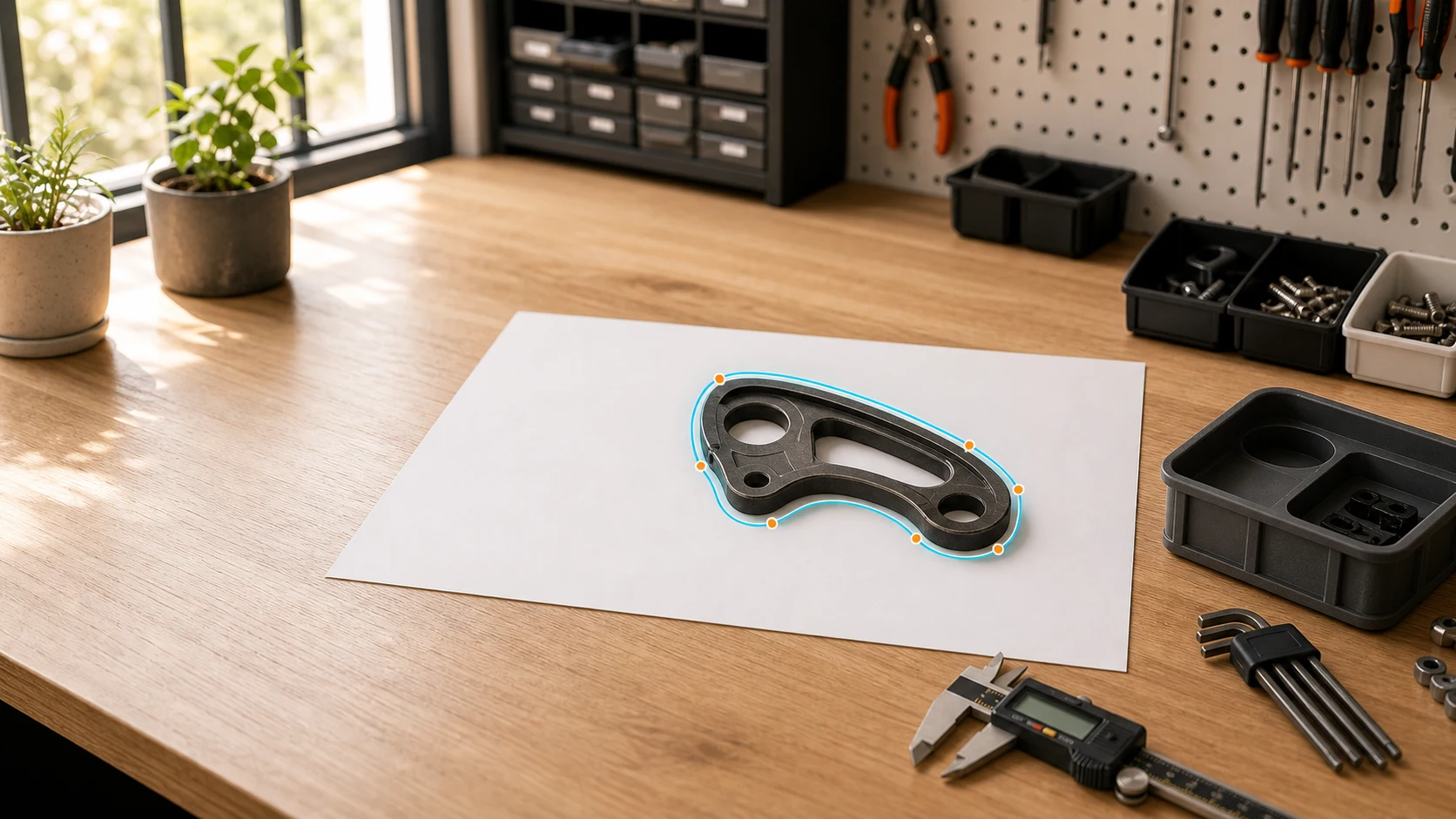 Matte object resting on a white reference sheet on a contrasting workbench, evenly lit with no hard shadows around the outline