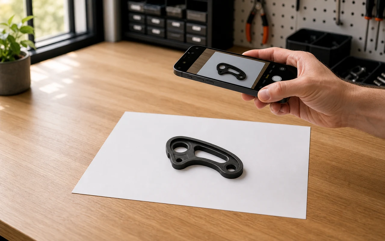 Phone held flat and parallel above a single dark part centered on a white sheet, all four paper corners visible in the camera preview